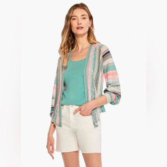 NIC+ZOE Petite Large 4-Way Cardigan Striped Linen Blend Pastel Knit Top - Picture 15 of 15